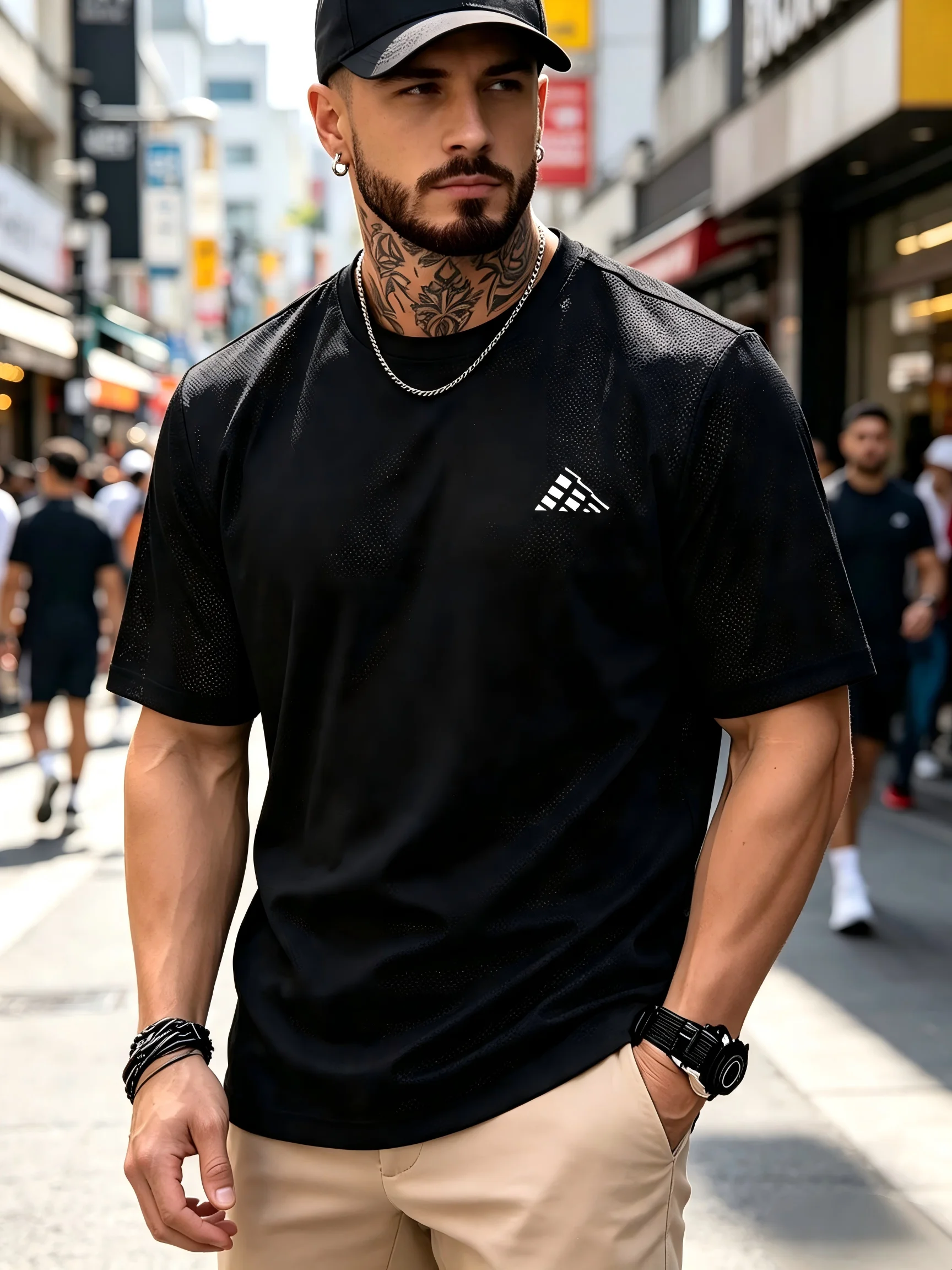 Men's Mesh Quick Dry Short Sleeve T‑Shirt Minimal Chest Geometry Print Tees Casual Breathable Sports O‑Neck Summer Tops For Male