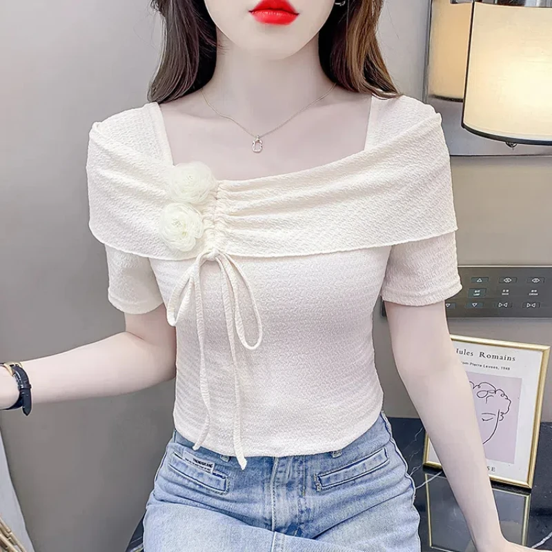 Fashion Irregular Lacing T Shirts Summer New Short Sleeve Solid Color Drawstring Slim Short Tops Tees Sexy Sweet Women Clothing