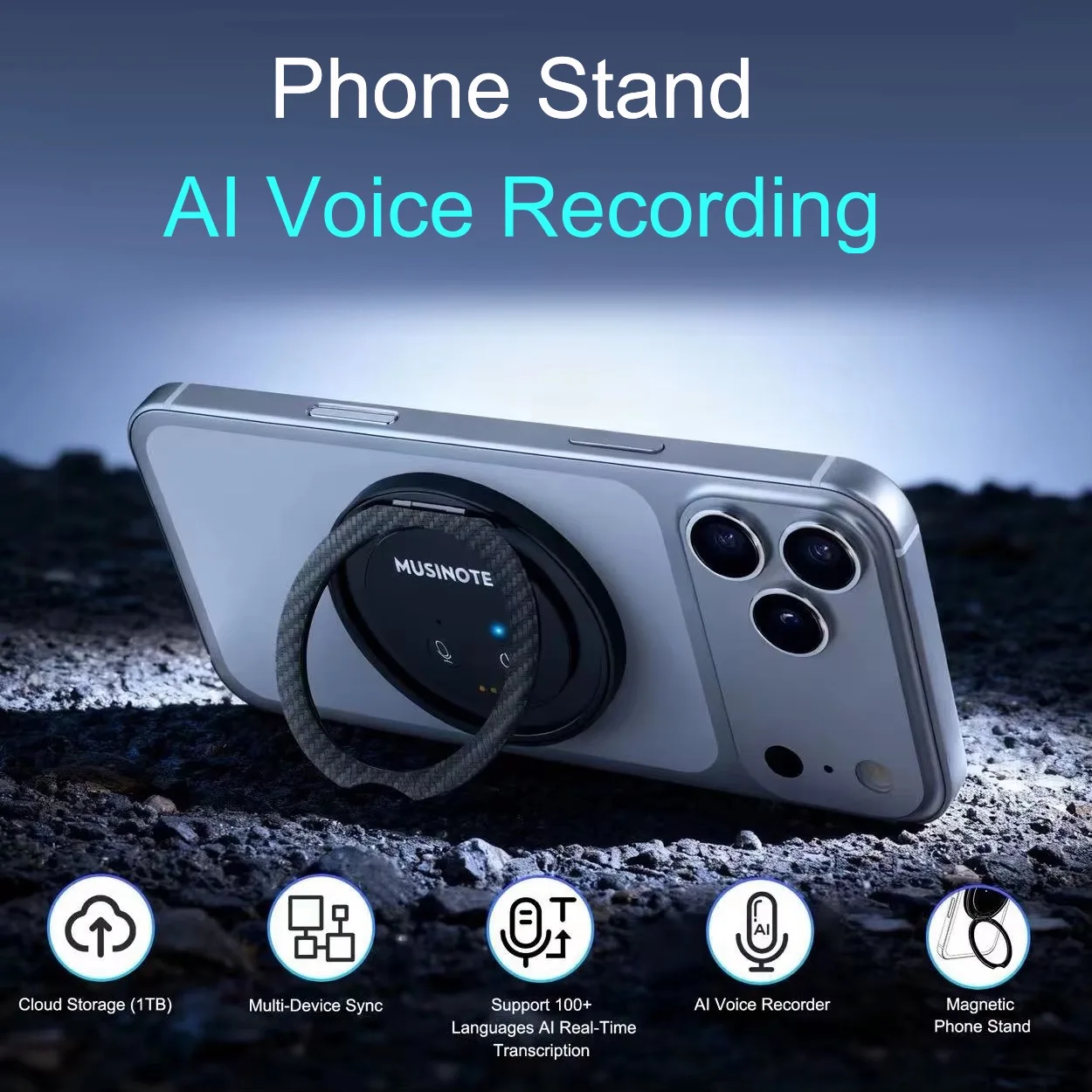 AI Voice Recorder Phone Stand Phone Holder Audio Transcribe Summarize Transcription Cloud Storage 1TB Summary Mind Map