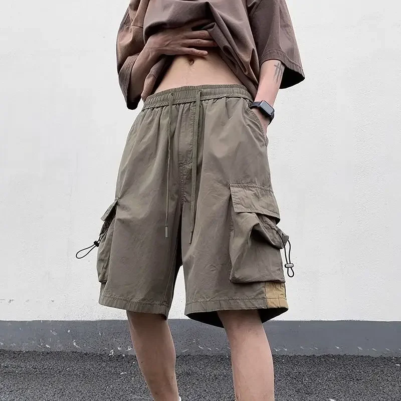 

Wide Baggy with Pockets Draw String Men's Cargo Shorts Elastic Waist Loose Male Short Pants Solid Designer Distressed Casual Y2k