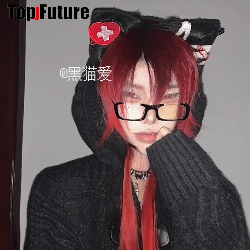 Women Y2K Girl Harajuku Halloween Gothic Punk Lolita Injured Cat ear Wolf Ear Cosplay Party Hairband First aid Medical headband