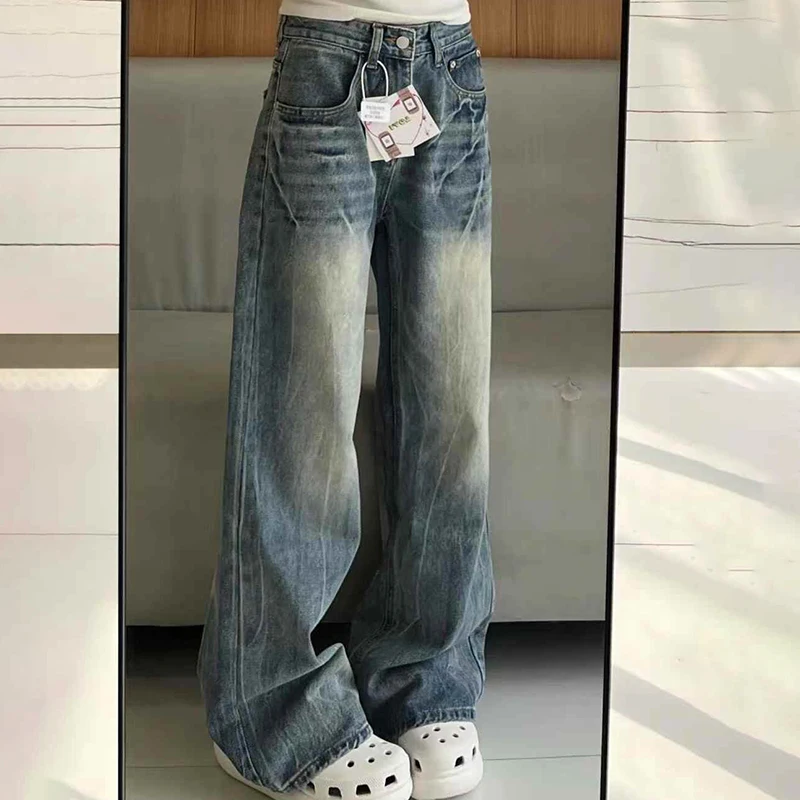 

American Style Washed Blue Denim Pants Spring Summer Trendy Loose Straight Leisure Trousers Lady High Waist Jeans Streetwear