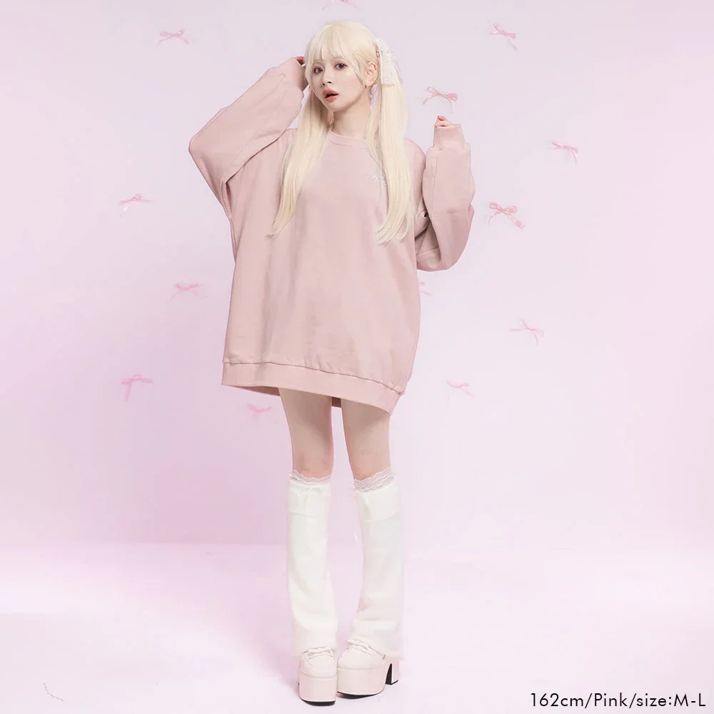 Japanese Sweet Cute Round Neck Long Sleeve Embroidery Loose Versatile Soild Color Oversized Pullover Sweatshirts Women Winter