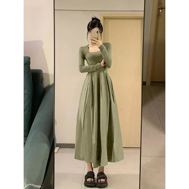 

Women's Dress Spring Autumn Korean Style Solid Color A-Line Square Collar Long Sleeve Ankle-Length Casual All-Matched Dresses