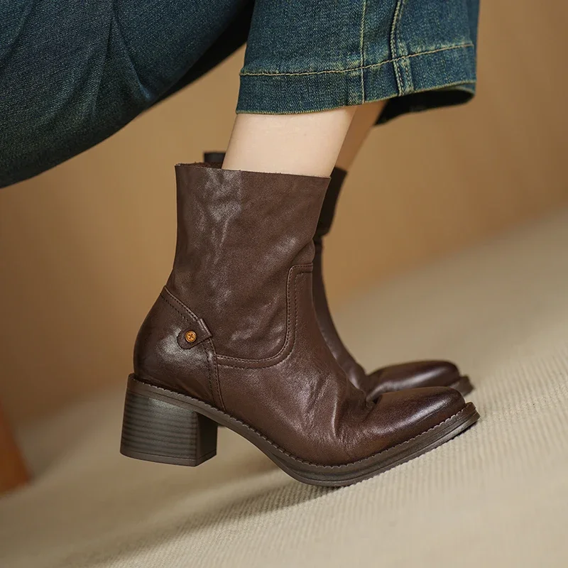 2026 new autumn winter natural leather women ankle boots 22-25cm soft cowhide round toe side zip thick heel short boots fashion