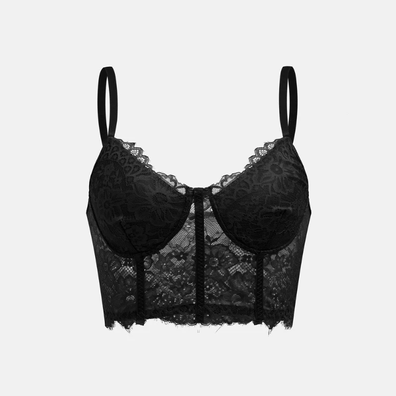 Sexy Schwarzes Spitzen-Korsett Crop-BH-Top Schlankes Ärmelloses Camisole-Trägertop Elegante Lingerie Tanktop Y2k Streetwear Party-Top