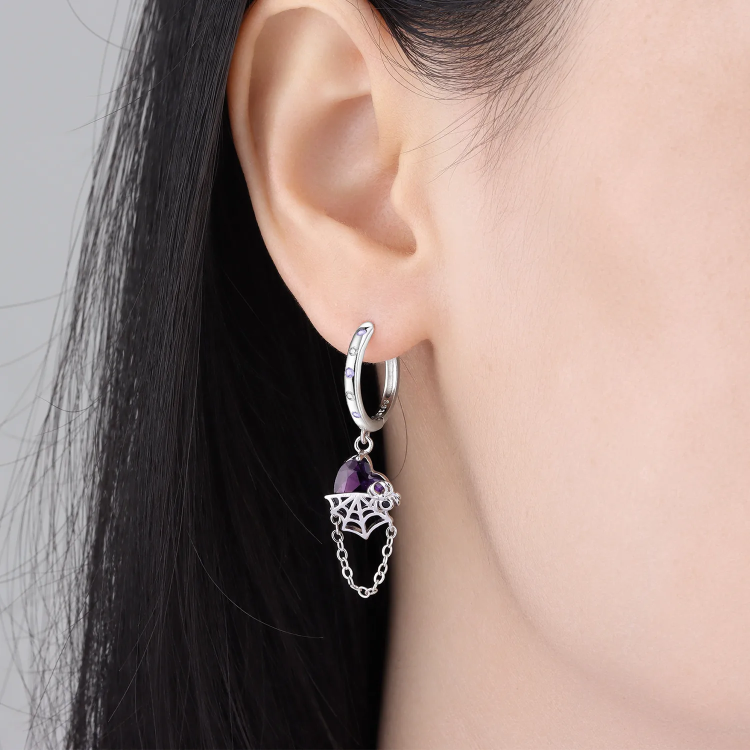 Original 925 Sterling Silver Purple Heart Shaped Spider Dangle Earrings Gothic Halloween Cosplay Party Jewelry for Women view 4
