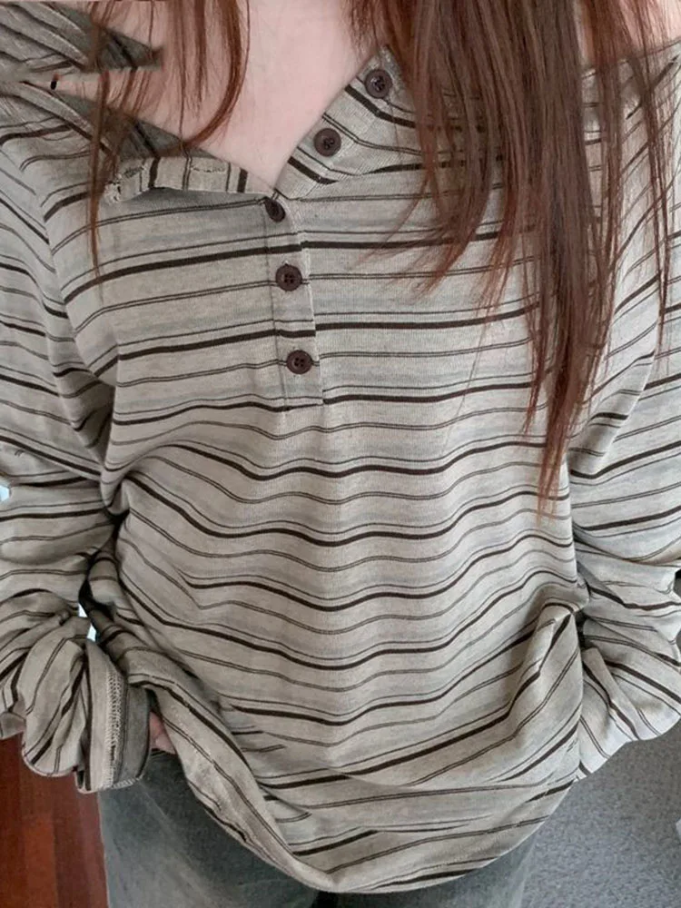 

Сексуальная полосатая футболка с открытыми плечами Cruel, винтажная рубашка ранней осени с длинными рукавами, свободная тонкая рубашка Spice Girls Pure Desire Mujer