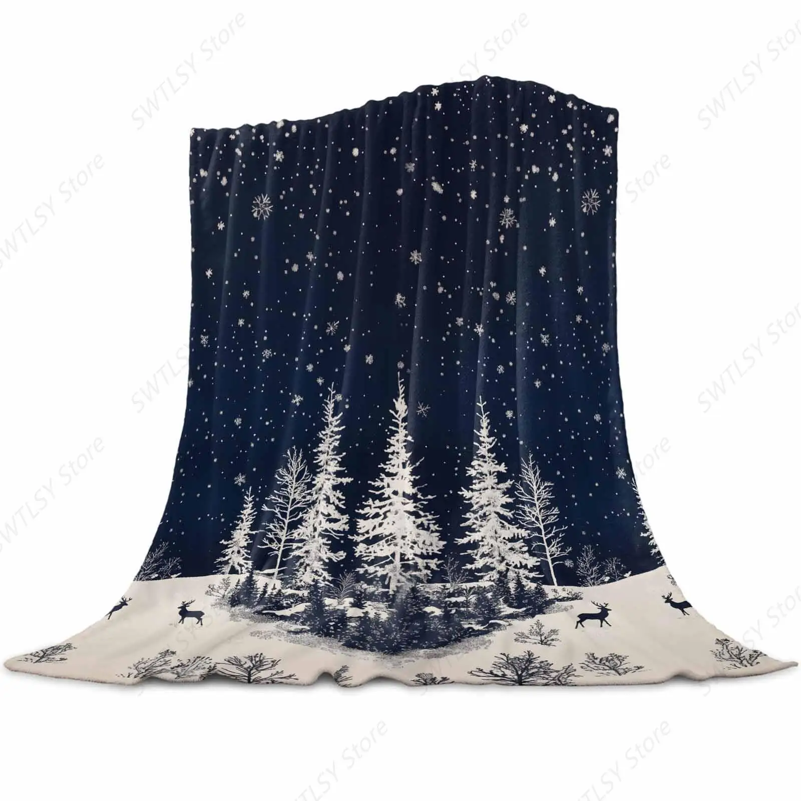 

Christmas Fleece Throw Blanket for Couch, Dark Blue Deer Silhouette Snowy Night Forest Lightweight Cozy Soft Blanket All Seasons