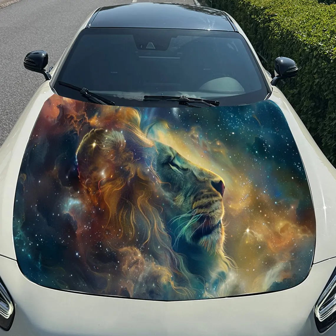 طباعة الأسد المرصعة بالنجوم السماء ، ملصقات غطاء محرك السيارة ، ملصق غطاء السيارة ذاتي اللصق PVC مقاوم للماء ، ملصقات حماية تزيين غطاء السيارة ، AU #5