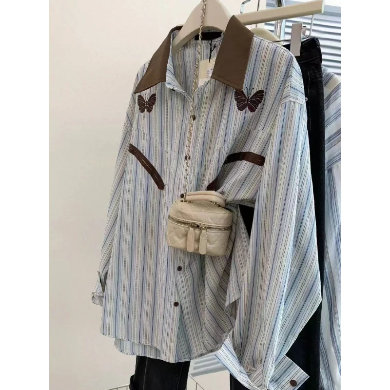 

Elegant Butterfly Contrast Color Lapel Striped Long Sleeve Shirt Loose Fall Design Top