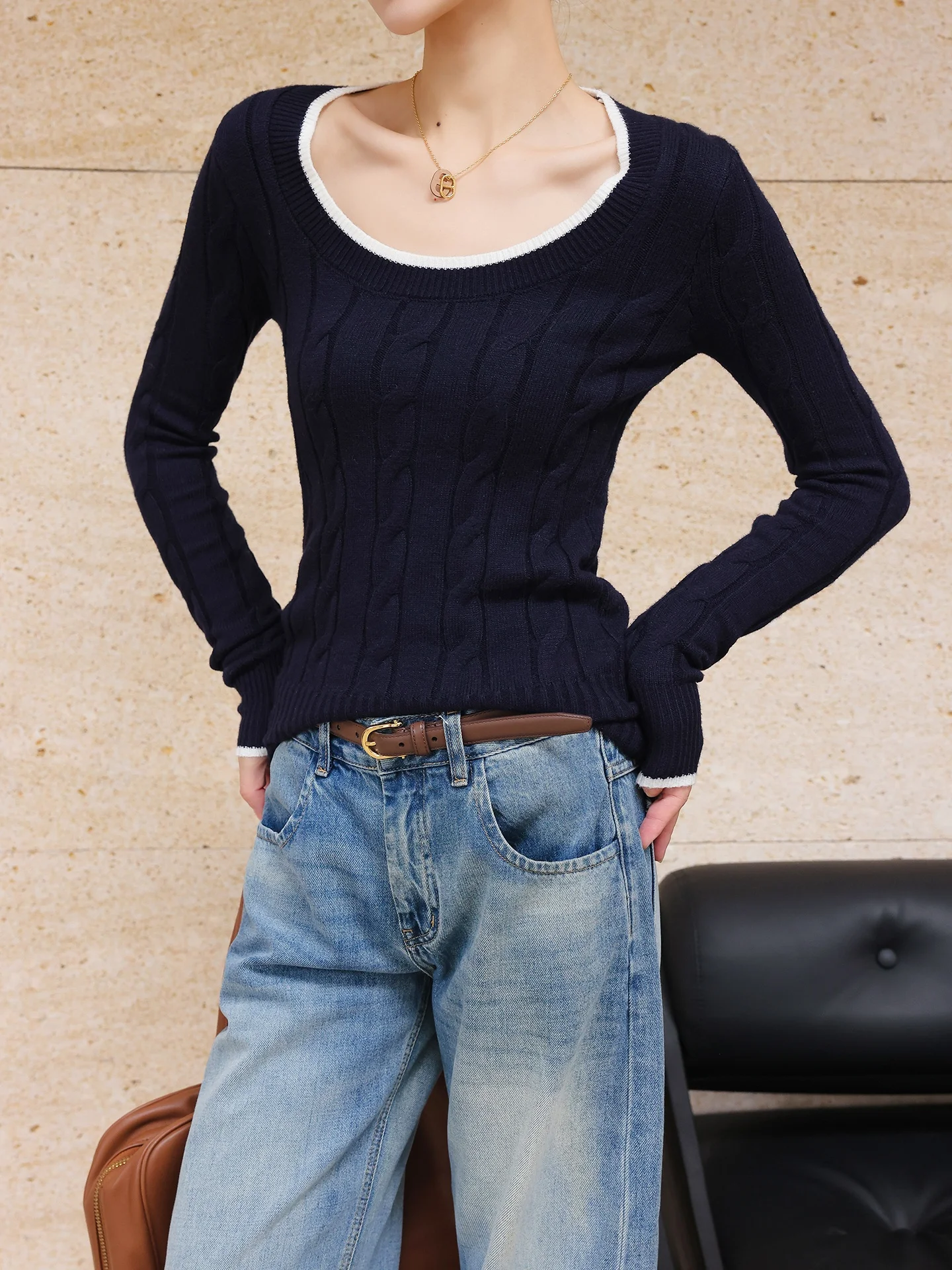 

JWUNIQUE Deep Sea Glow Slim Fit Knitwear Women's round Ne Twist Flower Pattern Casual Sle Long Sve Faion Top