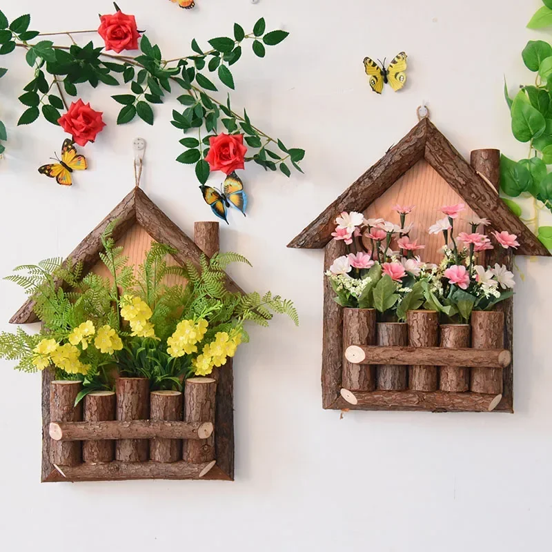 Wall-Mounted Flower Basket Solid Wood Countryside Fence Decoration Wooden Farmyard Wall Hanging for Floral Display