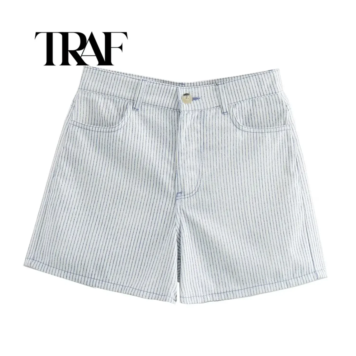 TRAF Striped Bermuda Shorts Woman High Waist Mini Shorts for Women Streetwear Casual Shorts Women Holiday Beach Women\'s Shorts