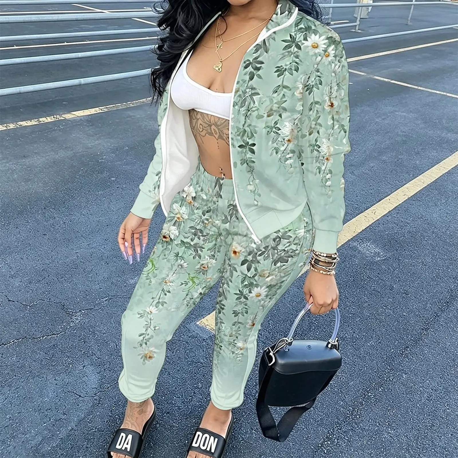 Winter Printed Two-piece Set Autumn Jogger Pants Women's Sexy Tight Pants Daily Wear Fashion Top Elegant Coat Zipper Long Sleeve