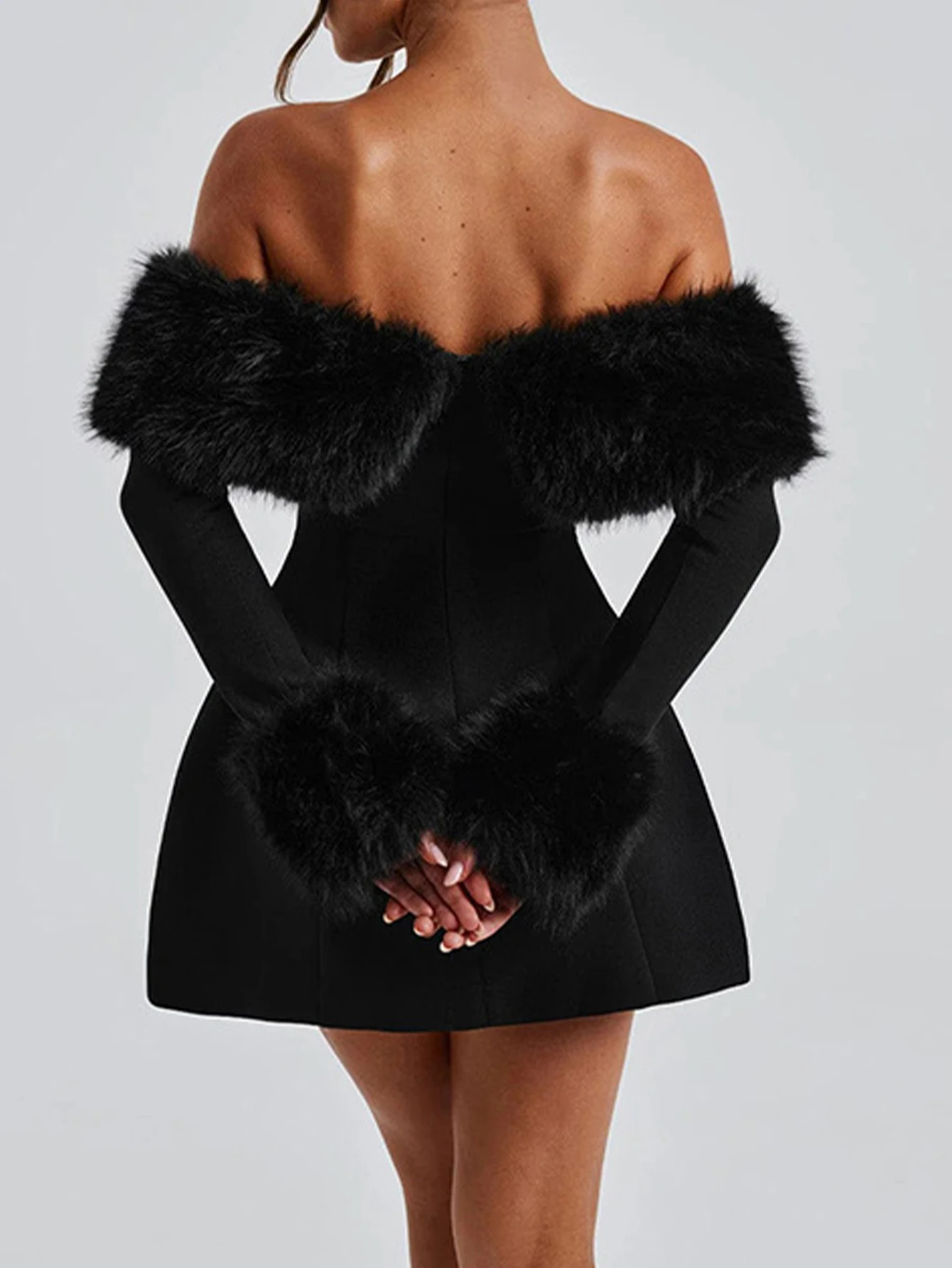 Elegantes, langärmliges, schulterfreies Minikleid für Damen, französischer Chic, einfarbig, Party, Herbst, sexy