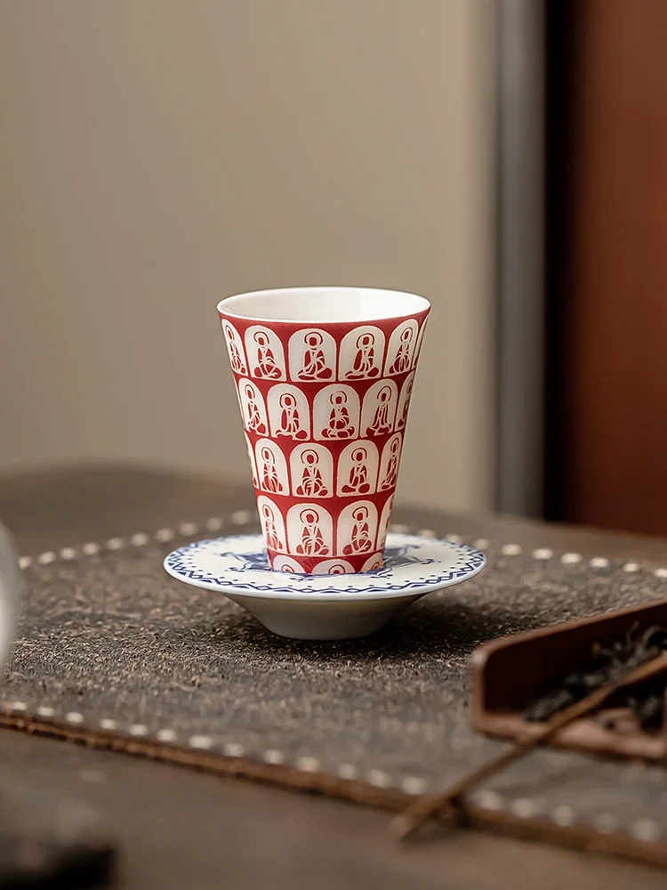 Dunhuang Thousand Buddha Tea Cup Set Household Kung Fu Teaware Ceramic Small Sample Teacup with Coaster High-grade Master Cup