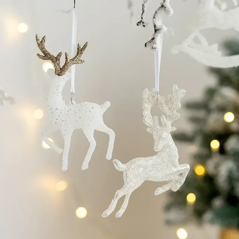 Christmas Tree Hanging Pendants Glitter Small Xmas Deer Oranments Xmas Elk Merry Christmas Decor Happy New Year White Deer