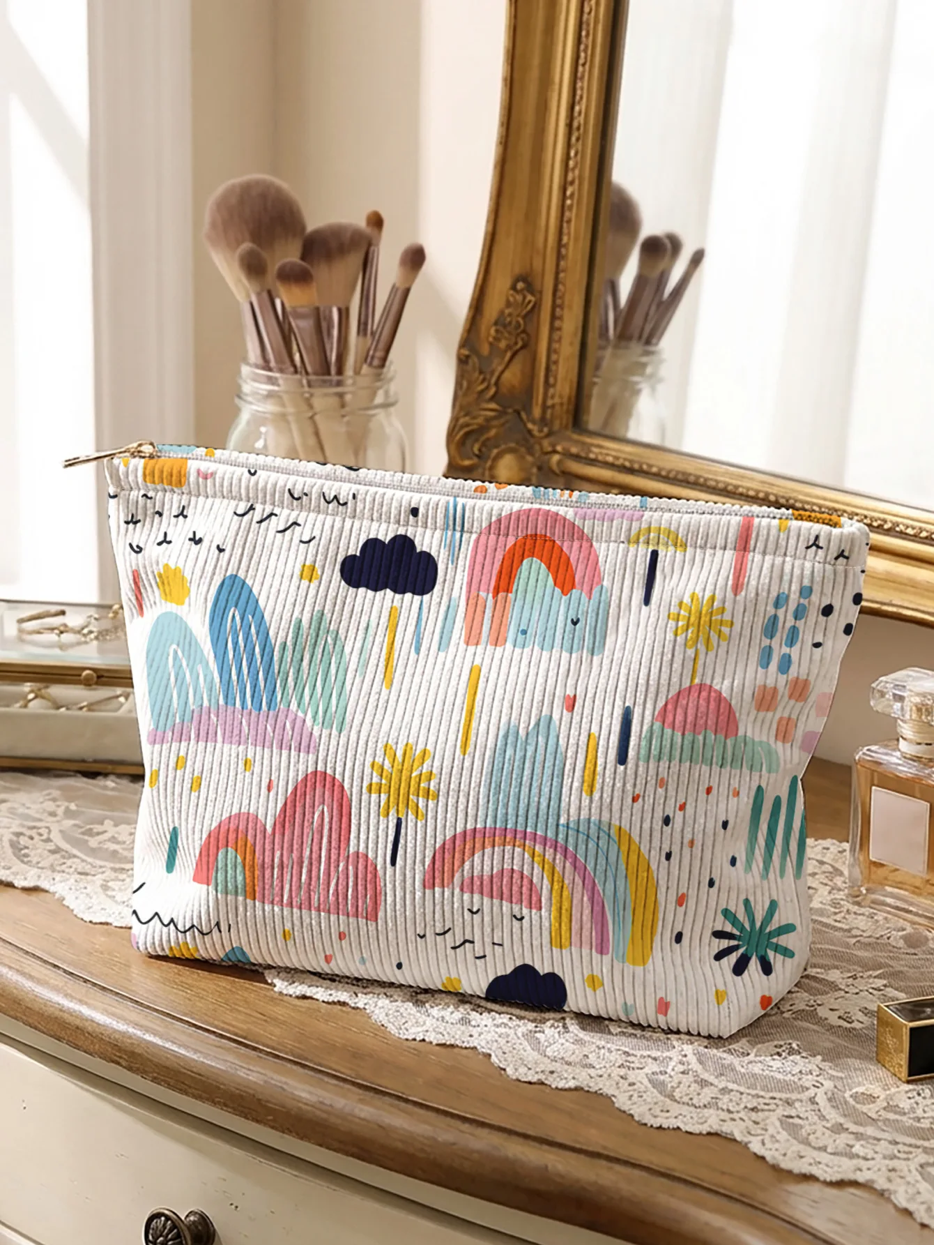 Cartoon rainbow mountain cloud print corduroy makeup bag, lightweight zipper pouch, multi-purpose lined cosmetic storage bag