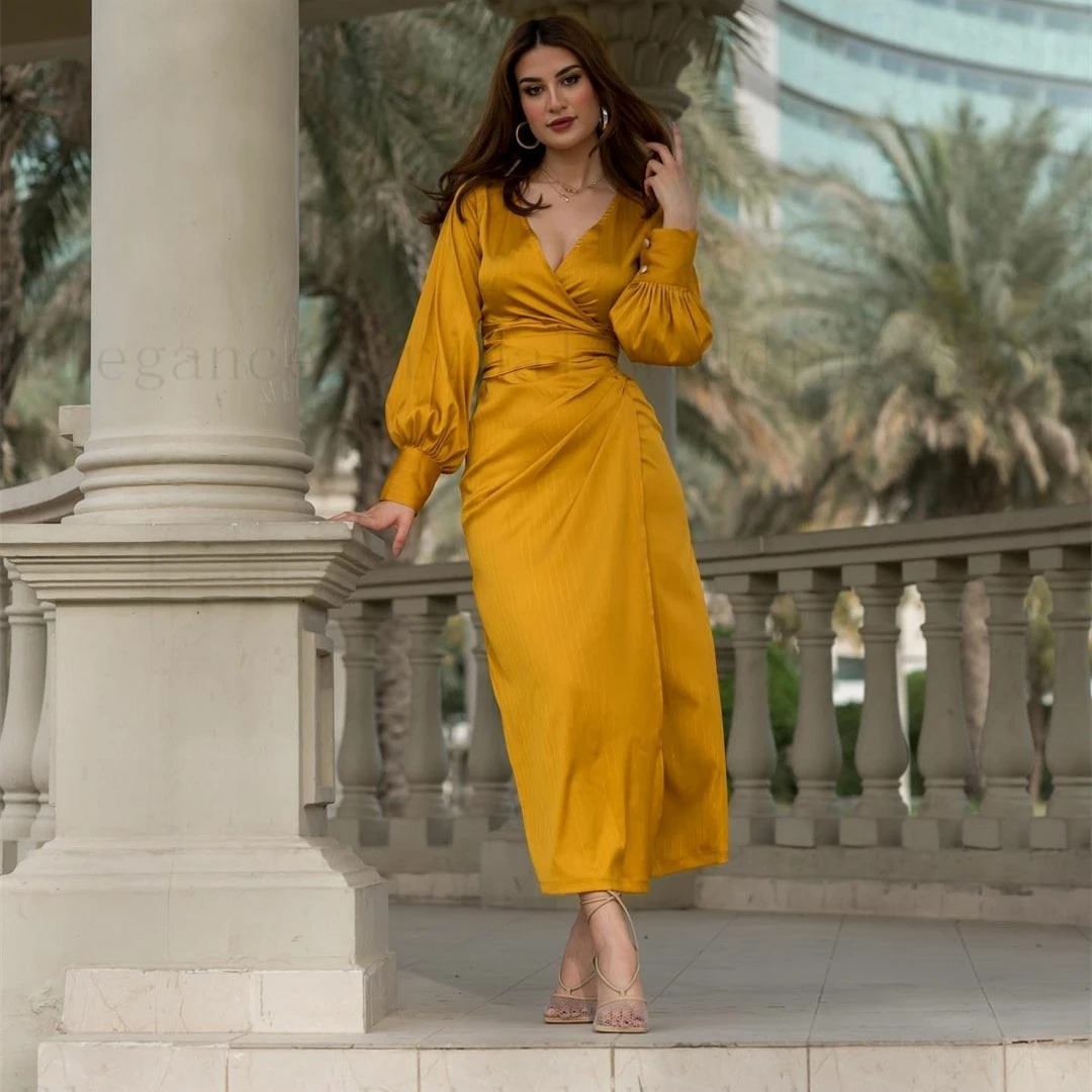 Yellow Satin Mermaid Prom Dresses for Women 2023 Elegant Tea-Length Sheath Formal Dress for Musilm with Sleeves vestidos