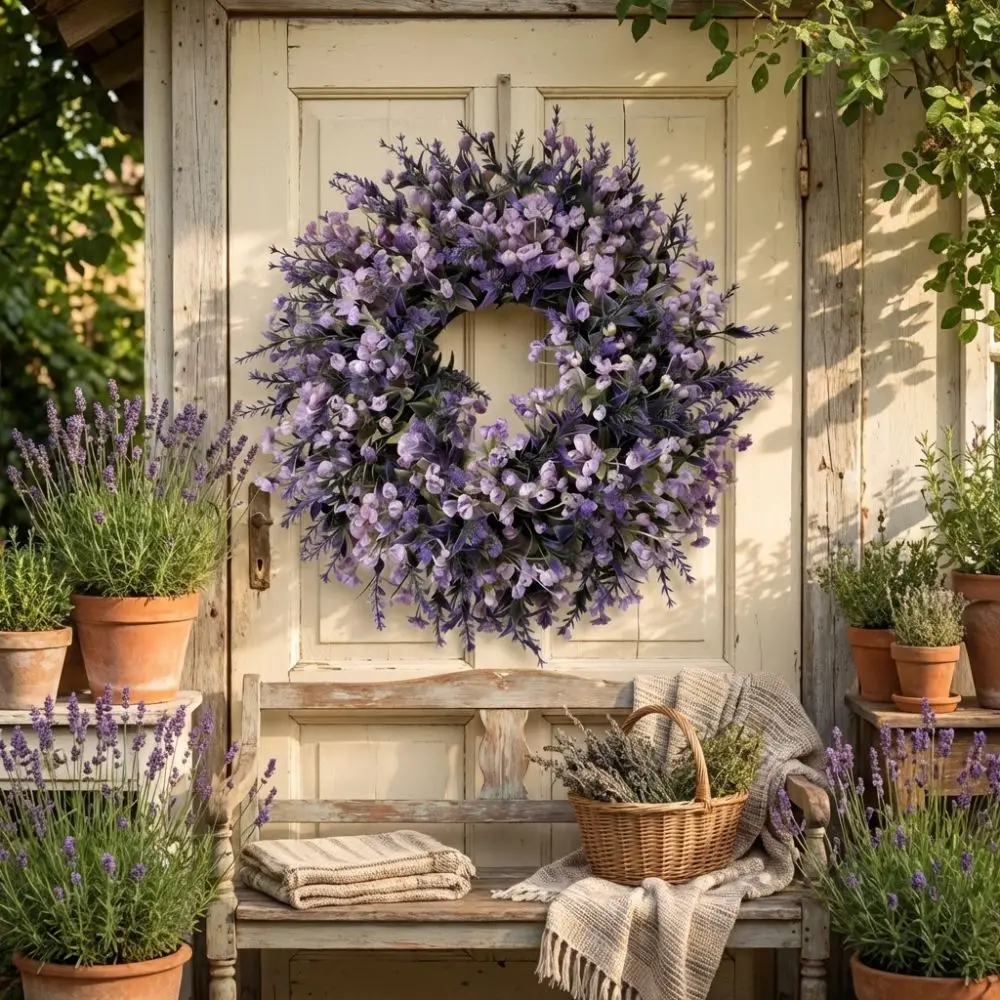 

Lifelike Artificial Lavender Wreath Fresh Vivid Colors Fake Flower Wreath Plastic Handmade Spring Wreath Office Decor