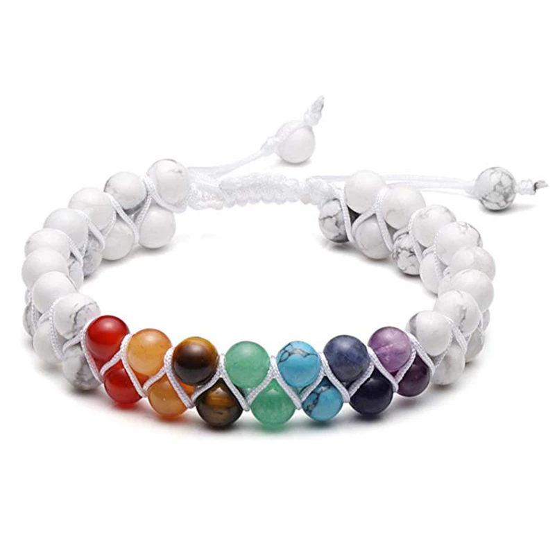 

Double Layer Natural Healing Stone Bracelet White 7 Chakra Indian Yoga Beads Bracelet Adjustable Braided Rope Jewelry Gifts