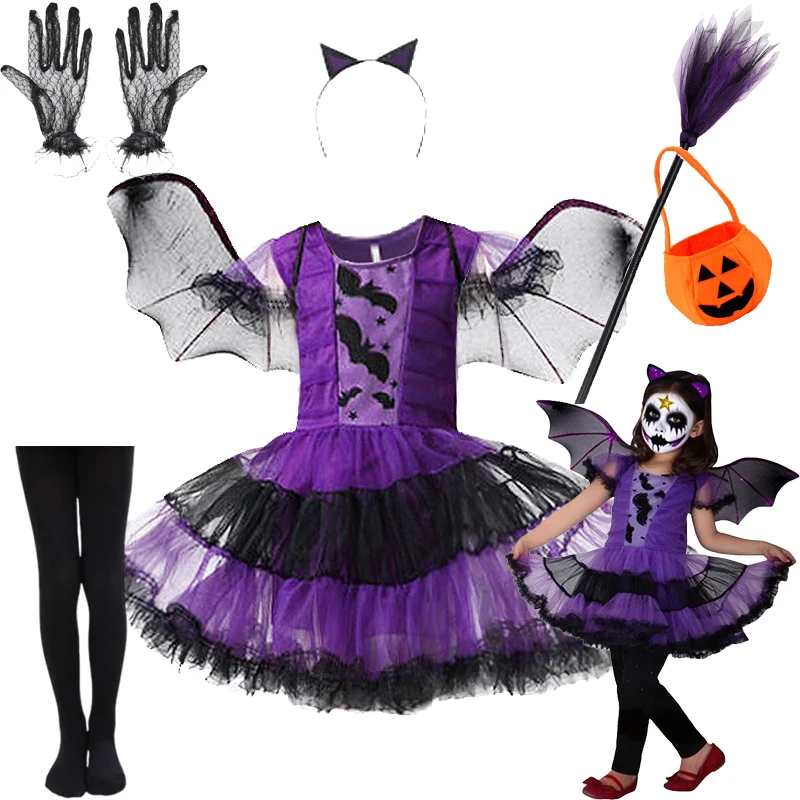 2-12Y Girls Purple Bat Dress Kids Fancy Cosplay Vampire Demon Costume Halloween Witch Dress Carnival Party Clothes Holiday Gifts
