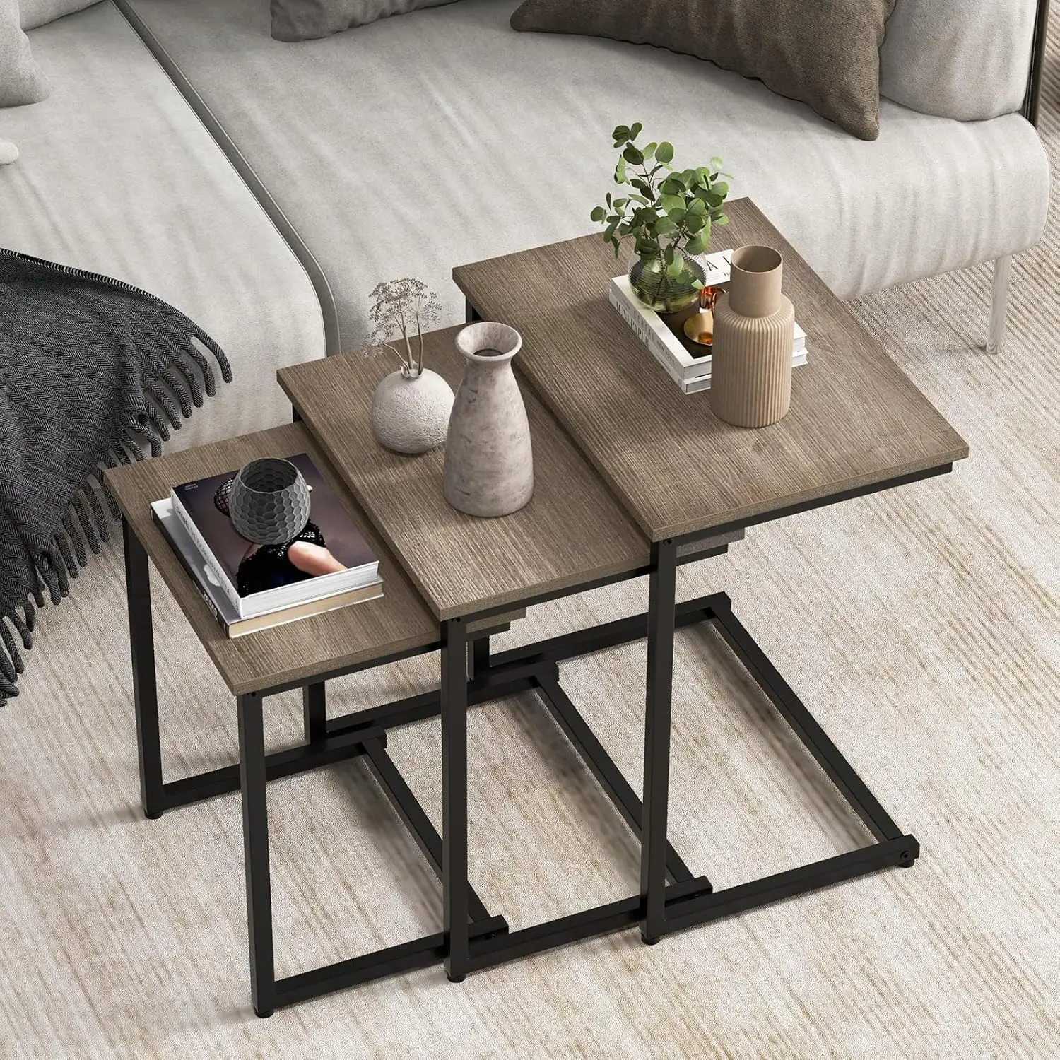 

Nesting Coffee Table Set of 3, Stackable Square End Table w/Wood Grain Tabletop & Heavy-Duty Metal Frame, Farmhouse C-Shaped Acc