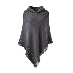 Women Winter Knit Hooded Poncho Crochet Fringed Tassel Shawl Wrap Sweater L21E