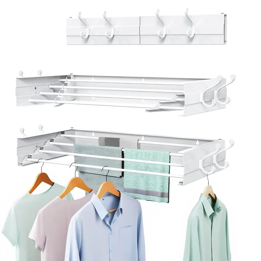 

Drying Rack, Collapsible Wall Mounted Clothes Drying Rack Foldable,Space Saving, 13.2 Linear Ft, 4 Aluminum Rods, 60 lb Capacity