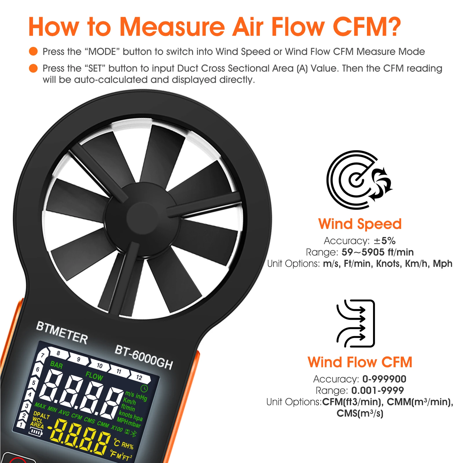 BTMETER Digital Anemometer Wind Speed 0.3-30m/s ,Touching Key,Rechargeable Temp,Average,Max&Min ,Air Volume Test BT-6000GH-C