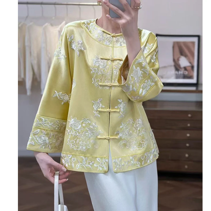 

Spring and Autumn New Chinese Style Round Neck Acetate Fabric Embroidery+Lining Satin Jacquard Fashion Women's Coat S-XXL