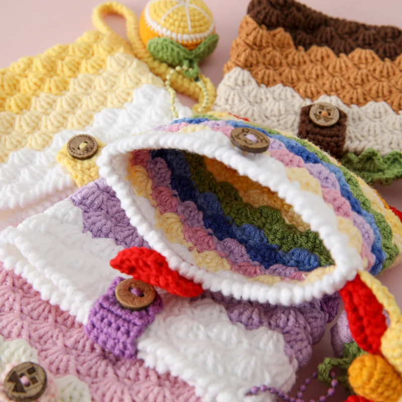 Cute Crochet Wallet Handmade Woven Card Case Mini Knitted Lipstick Storage Bag Hanging Gift