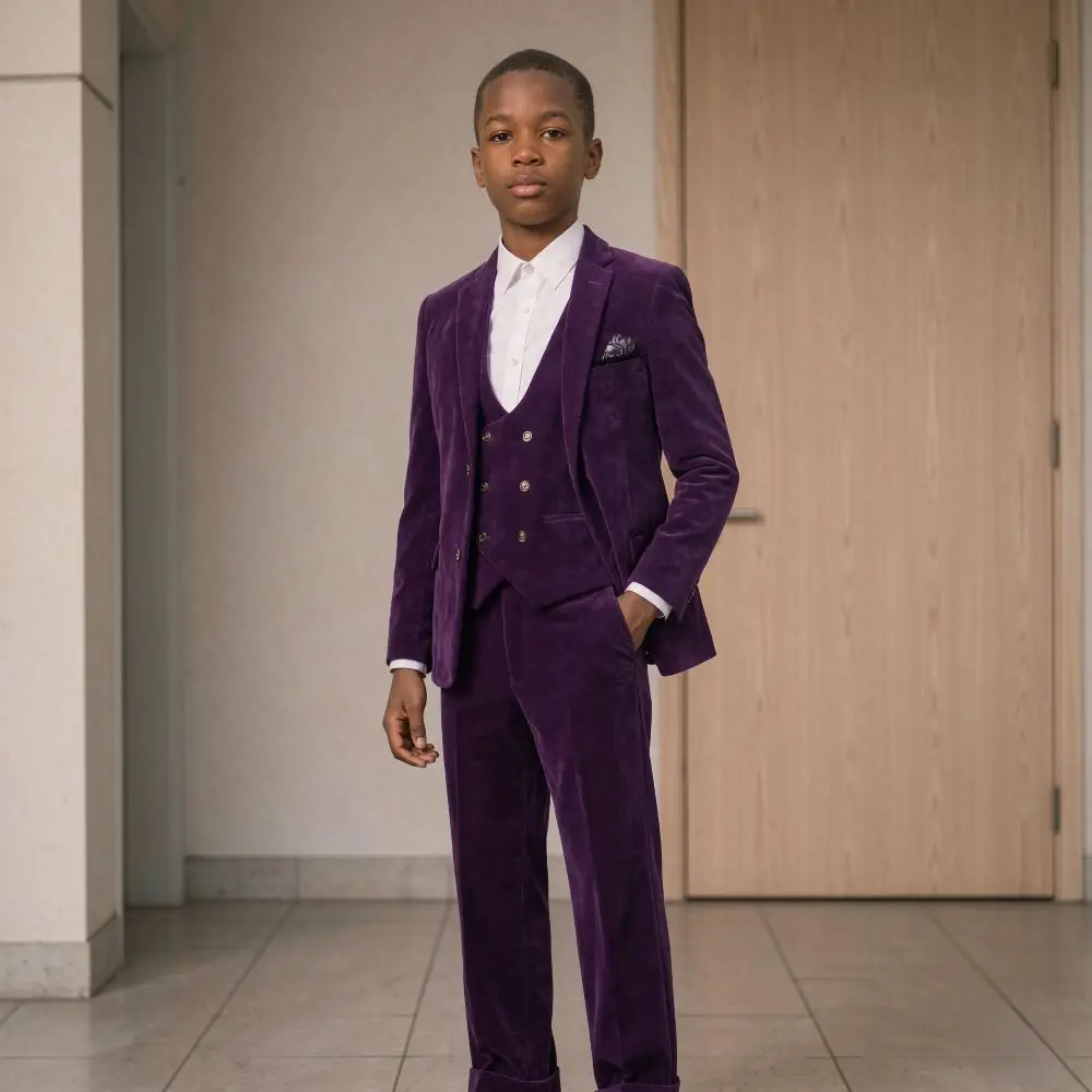 Velvet Slim Fit Boy Suits 3 Pieces Formal Elegant Shawl Lapel for Wedding Tuxedo Ceremonies Prom Nights Upscale Family Events