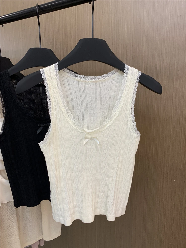 

2025 New Women's Lace Trim Ice Silk Camisole Summer Slim Fit Cropped Sleeveless Tank Tops Sexy Casual T-Shirt Vest Blouse