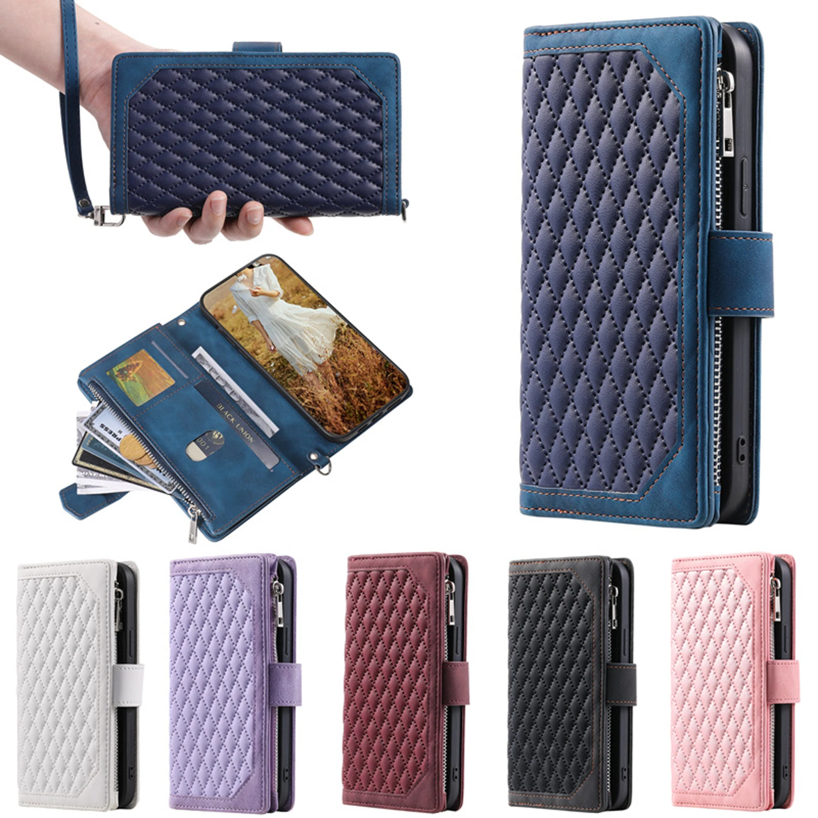 

Hand-Lanyard Zipper Wallet Flip Leather Case for iPhone 11 12 13 14 Pro Max Plus 7 8 SE2020/2022 XSMax XR Card Cash Pocket Cover