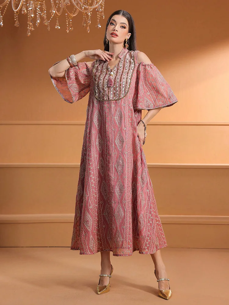 Moda feminina lantejoulas maxi vestido dubai abaya muçulmano bordado vestidos ramadan kaftan turquia robe caftan marocain femme jalabiya