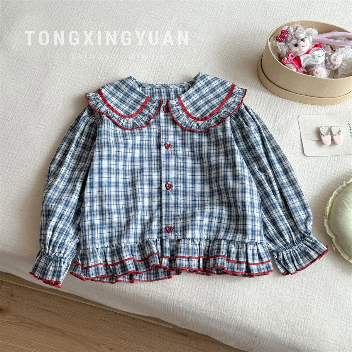Girls' Long-sleeved Shirt Autumn New Medium and Small Children's Plaid Children's Shirt Autumn Top