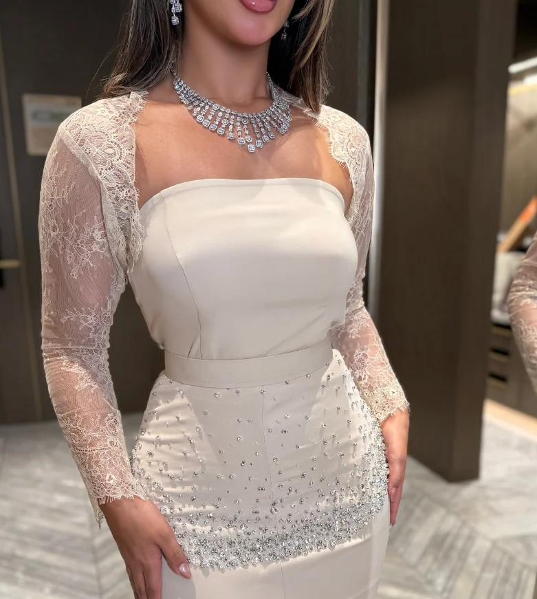 فستان سهرة نسائي مخصص عالي الجودة بأكمام طويلة من التل بدون حمالات بطول الكاحل وسحاب مطرز Abiye Uzun Elbise Modelleri