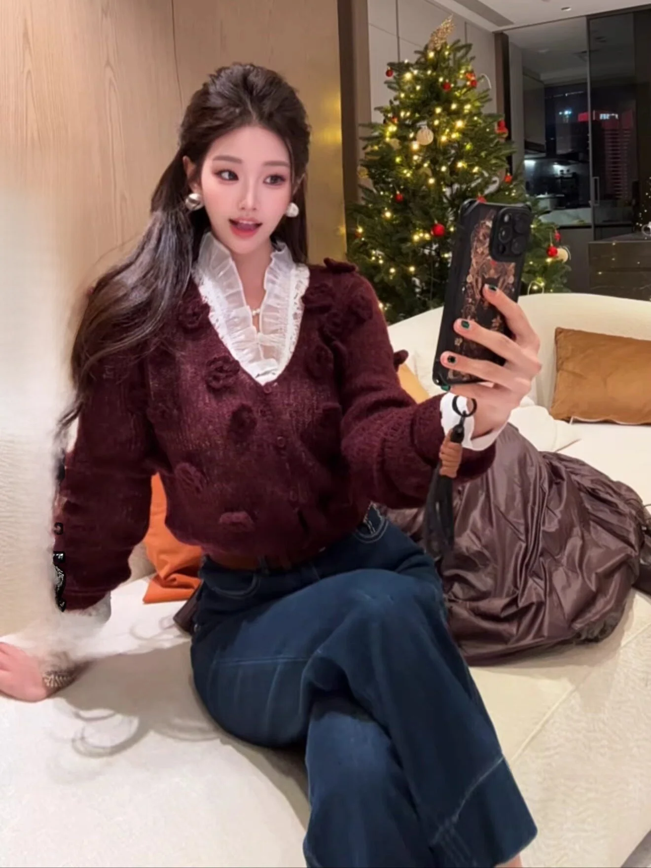 

New Dadada Unique Beautiful Miu Series Sweater e Rose Pattern Casual Fit Knitted Long Sve Warmth Women's Faion