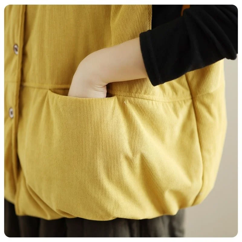Women’s Corduroy Vest Japanese Retro Yellow Cotton Sleeveless Waistcoat Loose Short Top for Spring Autumn w1472