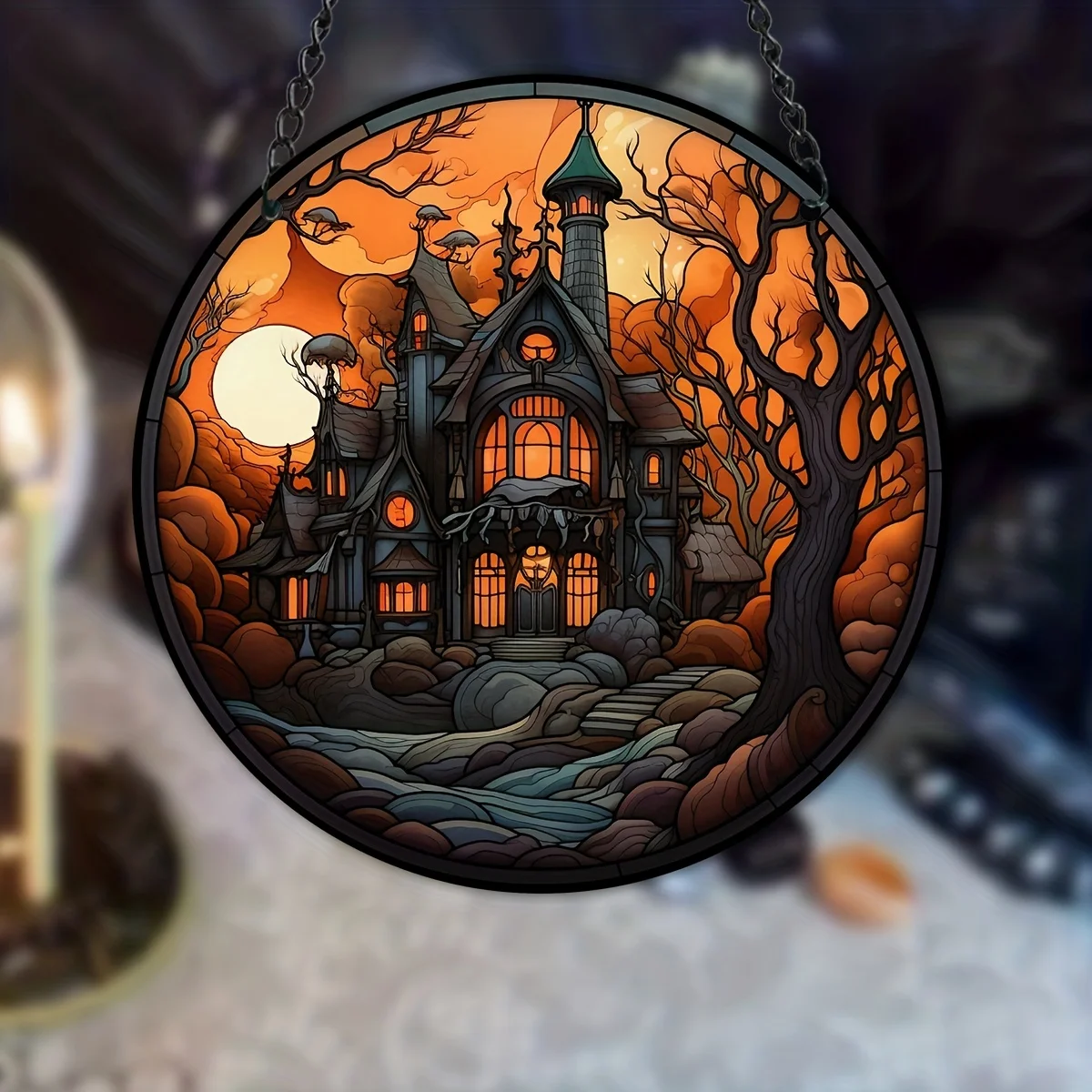 

Vibrant Stained Glass Halloween Moon Castle Suncatcher-Adds Spooky Charm to Your Window with Dazzling Design,Halloween