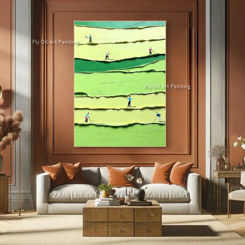 Fashion Wall Art Items Hand Made Green Yellow Knife Thick People Playing On Land Oil Painting Large Abstract Men Canvas Artwork