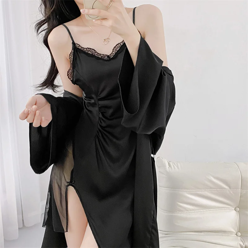 Twinset Lace Robe Set Spring Summer Rayon Bathrobe Gown Suit Kimono Nightgown Lingerie Women Silky Satin Sleepwear Homewear