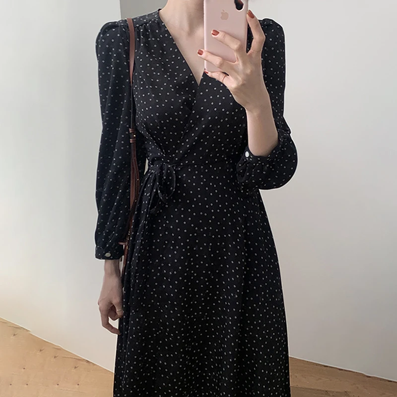 فستان أنيق عتيق للتخسيس على شكل حرف v وربطة عنق جانبية وخصر من قطعة واحدة مطبوع عليه زهور فستان نسائي على الطراز الكوري بأكما...