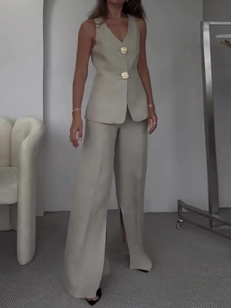Office V Neck Sleeveless Vest Pants Suits, Women Spring Summer Buttons Elegant Outfit, 2025 Vintage Wide Leg Pants Ladies Sets