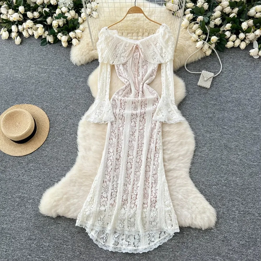 Women Hook Flower Lace Chic Elegant Ruffle Long Sleeve Slash Neck Bodycon Dress Sexy Fashion Slim Hip Wrap Ceremonial Dress