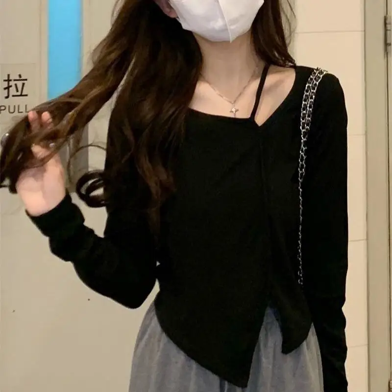 

Новая модная черная укороченная футболка с длинным рукавом из хлопка для женщин, весенне-осенняя повседневная одежда, дизайнерский асимметричный стиль, милые женские топы