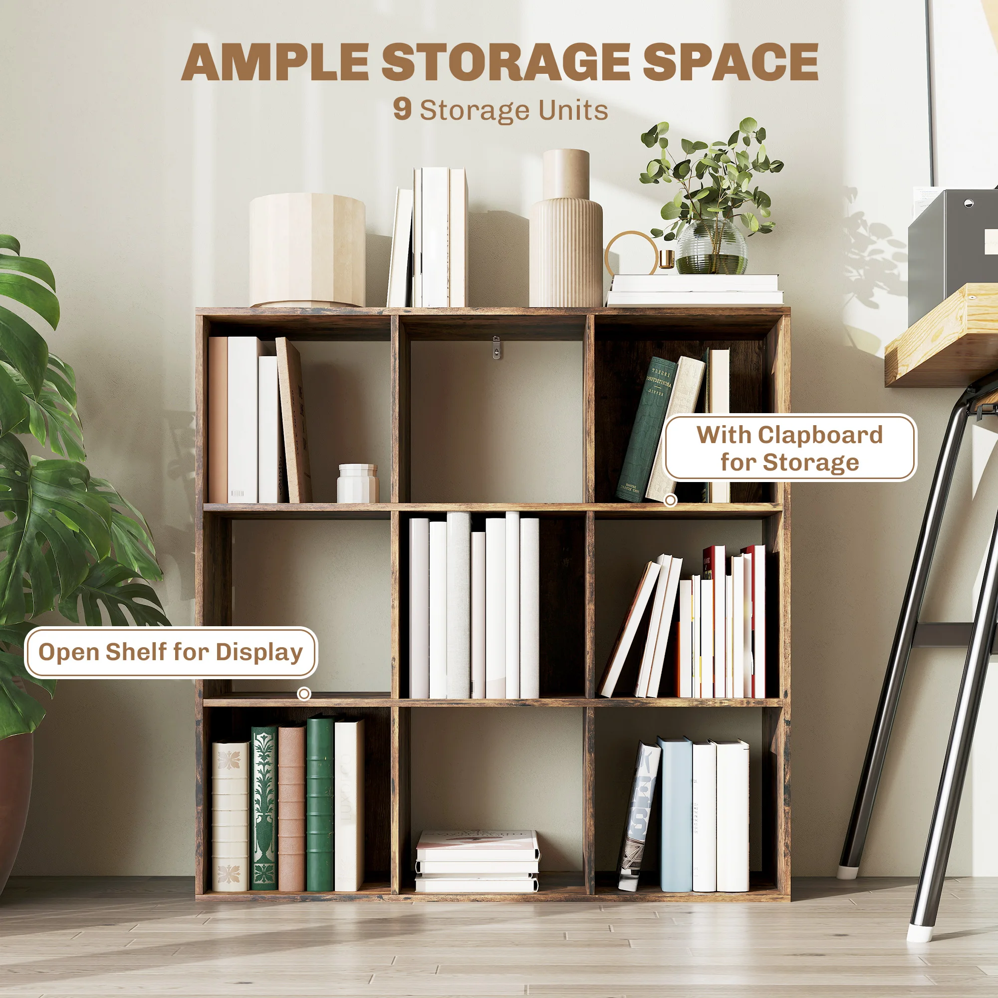 HOMCOM 9 Cube Storage Unit Cabinet Bookcase Display Shelves, Rustic Brown