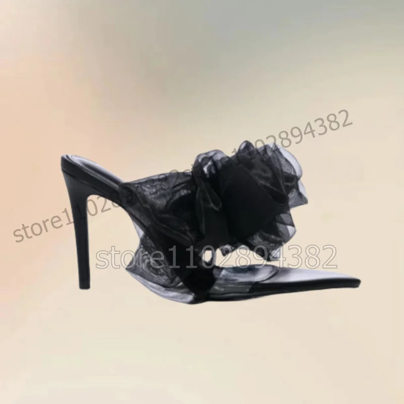 Black Mesh Bow Knot Crystal Decor PVC Open Toe Slippers Slip On Women Shoes Thin High Heels New Fashion 2023 Zapatos Para Mujere